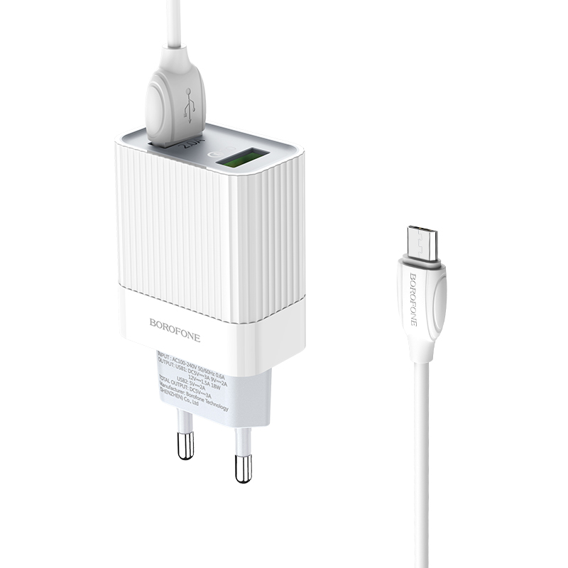 Сетевое зарядное устройство + кабель Micro Borofone BA39A 18 Вт, белый - 2