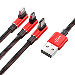 Дата-кабель Baseus MVP Mobile Game Lightning+Type-C+Micro 1.2 м, чёрный с красным