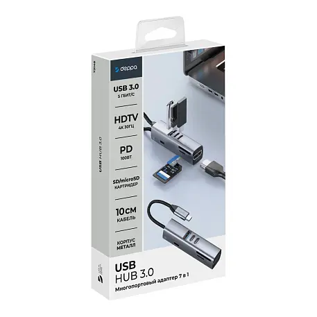 Адаптер-разветвитель для компьютера Deppa USB HUB 3.0 (7в1) серый
